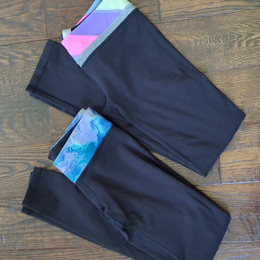IVIVVA I 2 Pair Black Reversible Colorful Waistband Leggings Athletic Tights, 14
